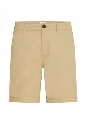 Beige pamut rövidnadrág, felgörgő szegéllyel, elülső gombos záródással és övhurkokkal. Sima textúrával, látható minták vagy díszítések nélkül.