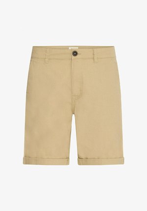 Beige pamut rövidnadrág, felgörgő szegéllyel, elülső gombos záródással és övhurkokkal. Sima textúrával, látható minták vagy díszítések nélkül.