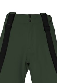 Groene broek met een gladde textuur, voorzien van twee zwarte verstelbare banden, twee knopen bij de taille en een rechte pijpontwerp.