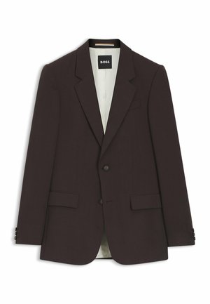 Blazer marrón oscuro de un solo pecho con dos botones, solapas con muesca, bolsillos con tapeta y etiqueta BOSS en el interior del cuello.