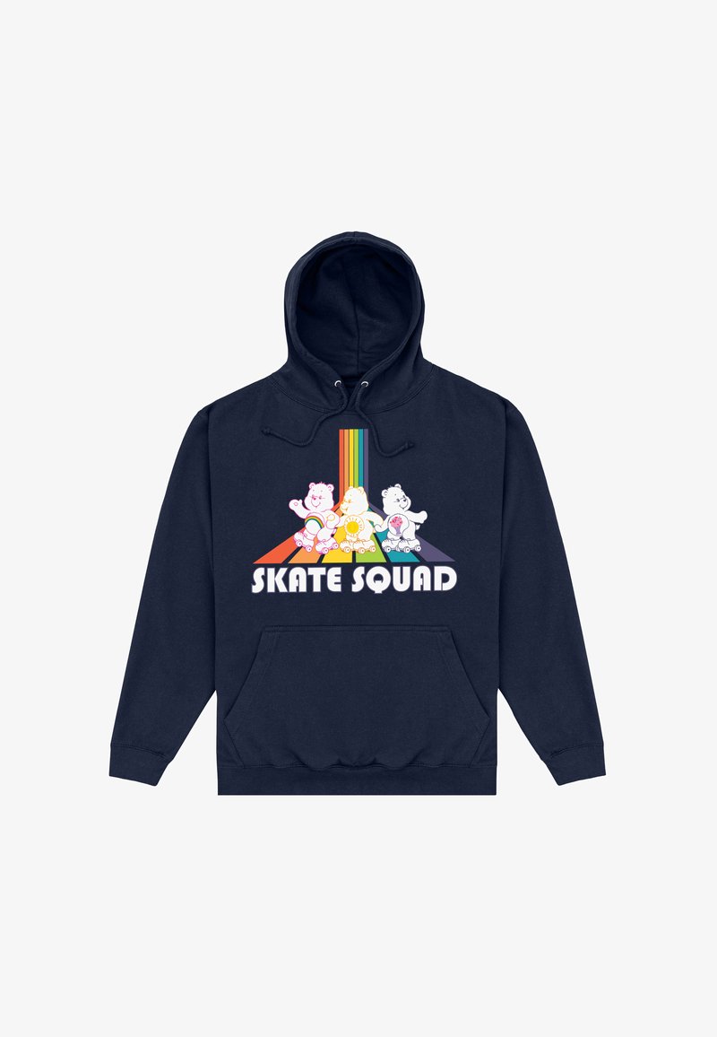 Sweat à capuche marine avec le texte "Skate Squad", présentant trois ours en rollers au-dessus d'un triangle rayé aux couleurs de l'arc-en-ciel.