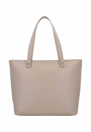 Borsa tote in pelle beige con doppi manici e logo LIU·JO MILANO in rilievo sul davanti.