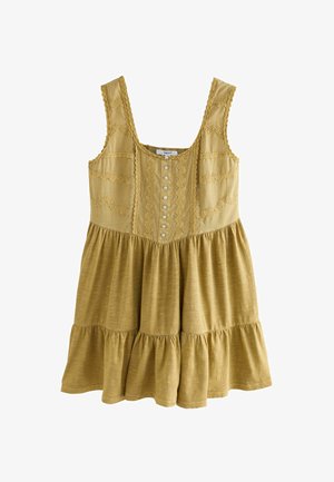 Žlté bezrukávové šaty s textúrovaným korzetom, podrobným šitím, prednými gombíkmi a vrstveným volánovým lemom.