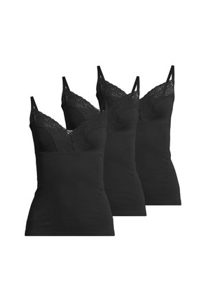 Drei schwarze Camisoles mit Spitzenbesatz am V-Ausschnitt und verstellbaren Schulterträgern, auf weißem Hintergrund präsentiert.