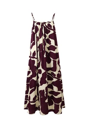 Robe longue à fines bretelles, base crème avec motif abstrait violet foncé, coupe ample, encolure froncée.