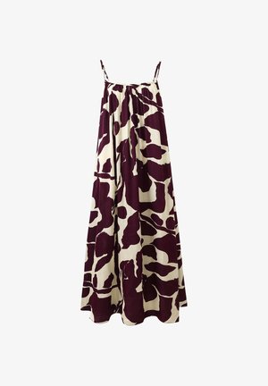 Maxi-jurk met dunne bandjes, crèmekleurige basis en abstract donkerpaarse print, losse pasvorm, geplooide halslijn.