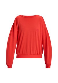 Red sweatshirt with a loose fit, wide neckline, and long sleeves. Features ribbed hem and sleeve cuffs with a small embossed design on the front.