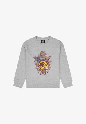 Grijze sweatshirt met een kleurrijke dinosaurusafbeelding aan de voorkant, met verschillende dinosaurussoorten en een gele Jurassic Park-logo.