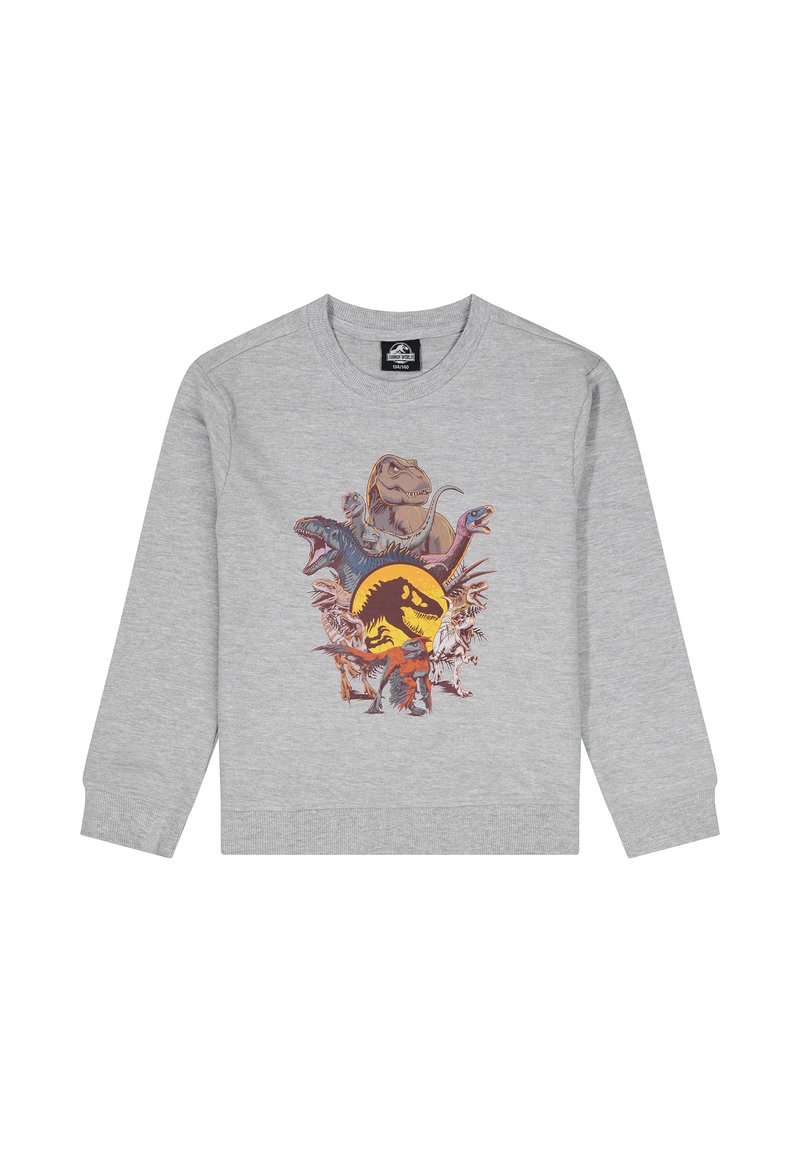Grauer Pullover mit einem bunten Dinosaurier-Design auf der Vorderseite, das verschiedene Dinosaurierarten sowie ein gelbes Jurassic Park-Logo zeigt.
