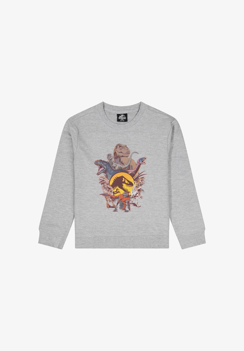 Felpa grigia con una grafica colorata di dinosauri sul davanti, che presenta diverse specie di dinosauri e un logo giallo di Jurassic Park.