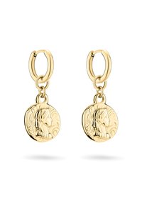 Goldene Creolen-Ohrstecker verfügen über kreisförmige Anhänger mit geprägten Profil-Designs, die filigrane Details und eine glatte Textur zeigen.