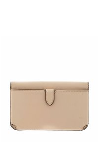 Portefeuille rectangulaire beige texturé avec fermeture à rabat à l'avant, bordure noire aux coins et détails de couture visibles.