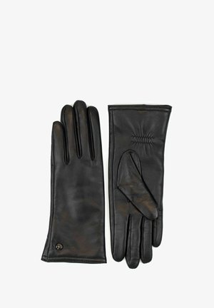 Schwarze Lederhandschuhe mit fünf Fingern, elastischen Rüschen am Handgelenk und einem kleinen Logo am Bündchen. Glatte Textur und enganliegendes Design.