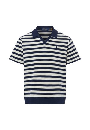 Koszulka polo z krótkim rękawem w poziome paski w kolorze granatowym i białym, z granatowym kołnierzykiem i małym haftowanym logo na lewej piersi.