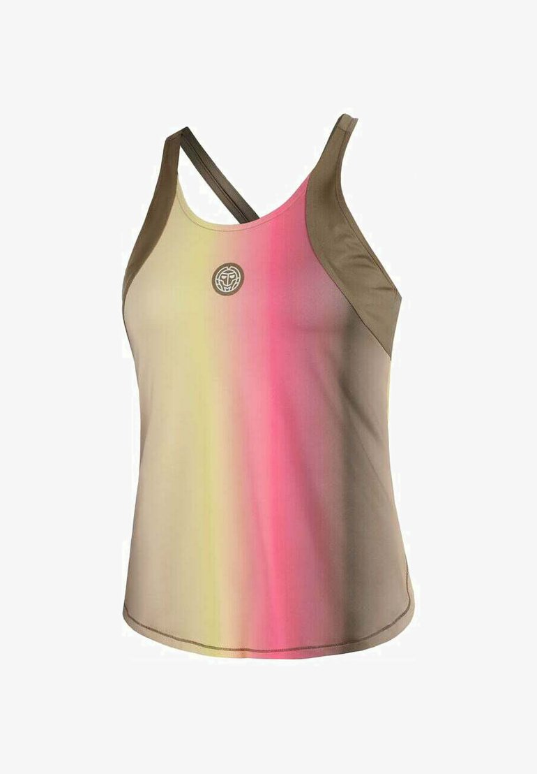 Lichtgewicht tanktop met een gradient ontwerp van bruin naar roze en geel. Gemaakt van ademend materiaal met een logo in het midden.