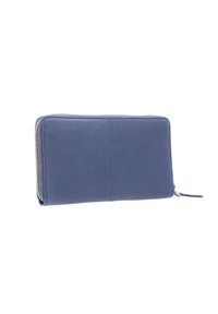 Portafoglio in pelle blu con finitura testurizzata, chiusura a zip e bordi lisci. Presenta un design minimalista e numerosi slot per carte.