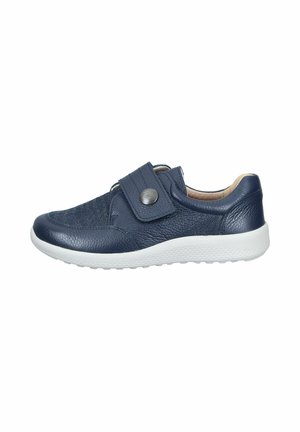 Navy blue leather sneaker with textured pattern, velcro strap with metal button, and white rubber sole.