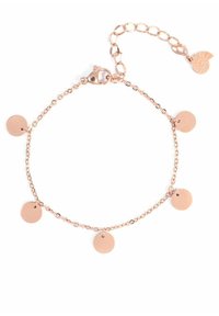Pulsera de oro rosa con una delicada cadena, que presenta cinco colgantes circulares. La cadena tiene un cierre de langosta y una longitud ajustable.