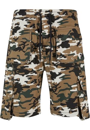 Kamouflage shorts i tan, sort og grøn, med sidelommer, snøre i taljen og en afslappet pasform med slidser i kanten.