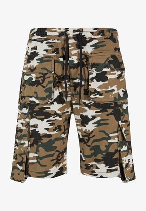 Kamouflage shorts i tan, sort og grøn, med sidelommer, snøre i taljen og en afslappet pasform med slidser i kanten.