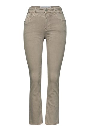 Beige Slim-Fit-Hose mit Frontknopf und Reißverschluss, zwei Vorder- und Hintertaschen, aus leicht strukturiertem Stoff.