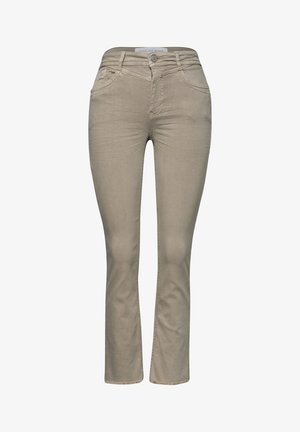 Beige Slim-Fit-Hose mit Frontknopf und Reißverschluss, zwei Vorder- und Hintertaschen, aus leicht strukturiertem Stoff.