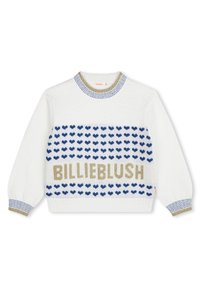 Pull blanc à col rond, orné de motifs en forme de cœur bleu et du texte doré "BILLIEBLUSH" au centre. Manches et col côtelés.