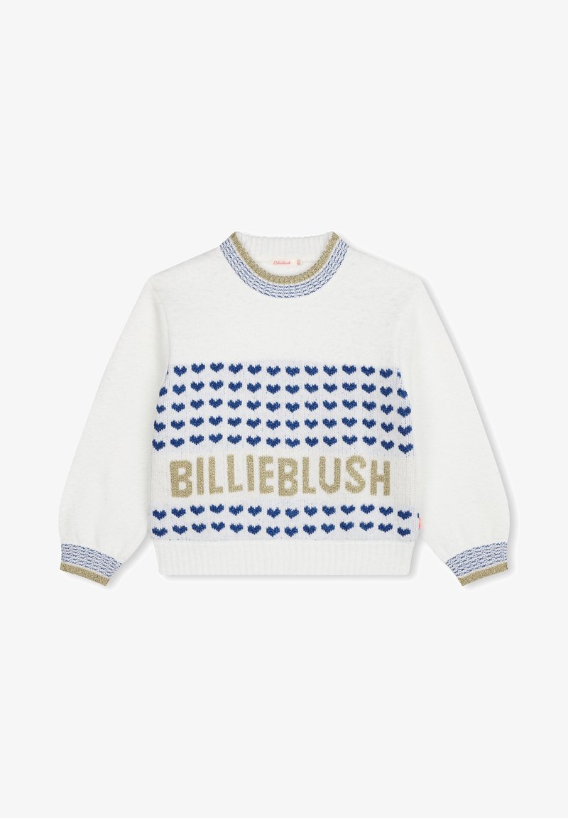 Pull blanc à col rond, orné de motifs en forme de cœur bleu et du texte doré "BILLIEBLUSH" au centre. Manches et col côtelés.