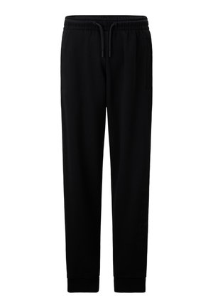 Schwarze Sweatpants aus Baumwollmix, mit elastischem Bund und Kordelzug, gerippten Bündchen und seitlichen Taschen. Minimale Markenkennzeichnung sichtbar.
