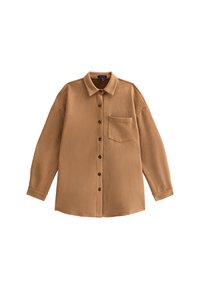 Bruine knoopshirt met een kraag, lange mouwen, een enkele borstzak en een gladde textuur. Beschikt over donkere knopen aan de voorkant.