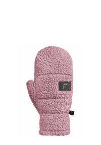 Rosa Fleece-Handschuhe mit einer strukturierten, flauschigen Oberfläche. Verfügt über ein schwarzes Stoffetikett mit Logo und einen verstellbaren Kordelzug am Handgelenk.