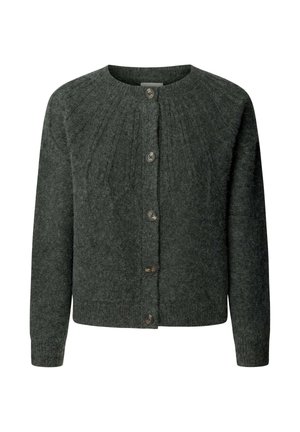 Cardigan lavorato a maglia verde scuro con scollatura rotonda, bottoni frontali e orlo a costine. Presenta un motivo testurizzato sulle spalle.
