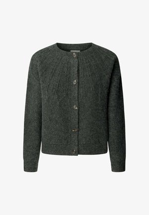 Donkergroen gebreide cardigan met een ronde hals, knopen aan de voorkant en een geribbelde zoom. Heeft een gestructureerd patroon op de schouders.