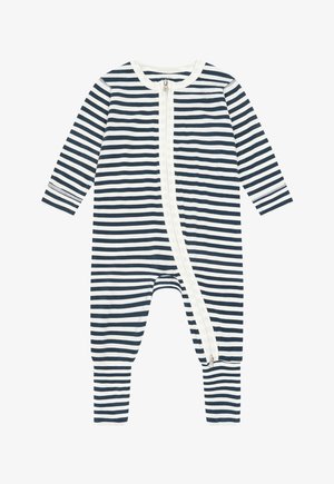 Tutina per neonati a righe orizzontali blu navy e bianche, maniche lunghe, gambe intere e chiusura frontale asimmetrica con cerniera.
