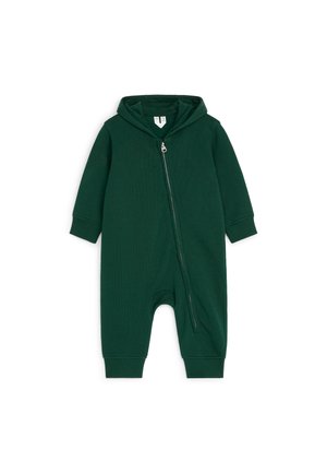 Body bébé à capuche vert foncé, manches longues, poignets côtelés et fermeture éclair diagonale à l'avant.