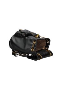 Borsa a tracolla in pelle nera con dettagli trapuntati, accenti in metallo dorato e tracolle a catena. Presenta un ampio interno e un design unico pieghevole.