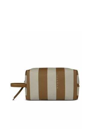 Rectangular toiletry bag with wide vertical beige and brown stripes and a side wrist strap.