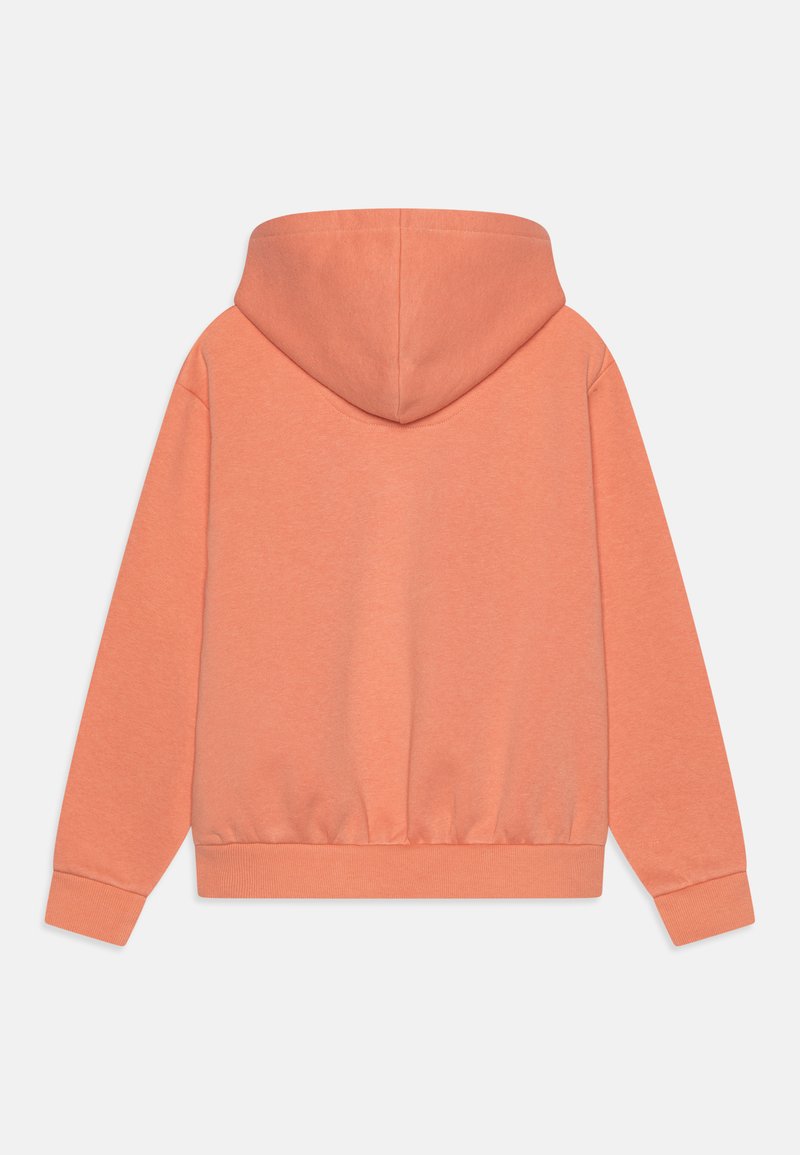 Koraal hoodie gemaakt van zachte stof, met een capuchon, geribbelde manchetten en een aansluitende zoom. Glad textuur met een egale kleur, zonder patronen of accenten.
