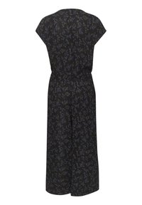 Mono negro floral con mangas cortas, que presenta una cintura ajustada y pantalones de pierna ancha. El diseño incluye pequeños patrones florales en azul y verde.