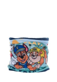 Gaiter colorato con cani dei cartoni animati che presentano tratti facciali prominenti. Realizzato in tessuto morbido, con bordi blu e uno sfondo giocoso nel bosco.