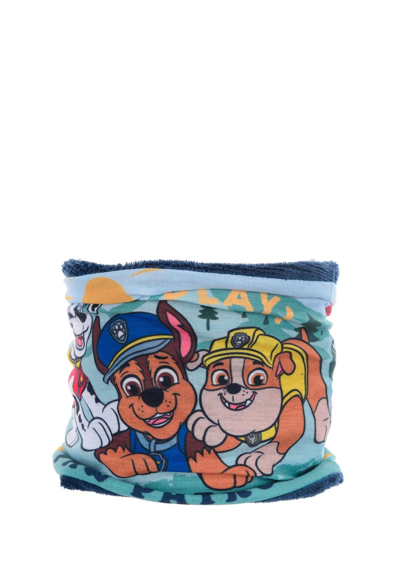 Gaiter colorato con cani dei cartoni animati che presentano tratti facciali prominenti. Realizzato in tessuto morbido, con bordi blu e uno sfondo giocoso nel bosco.