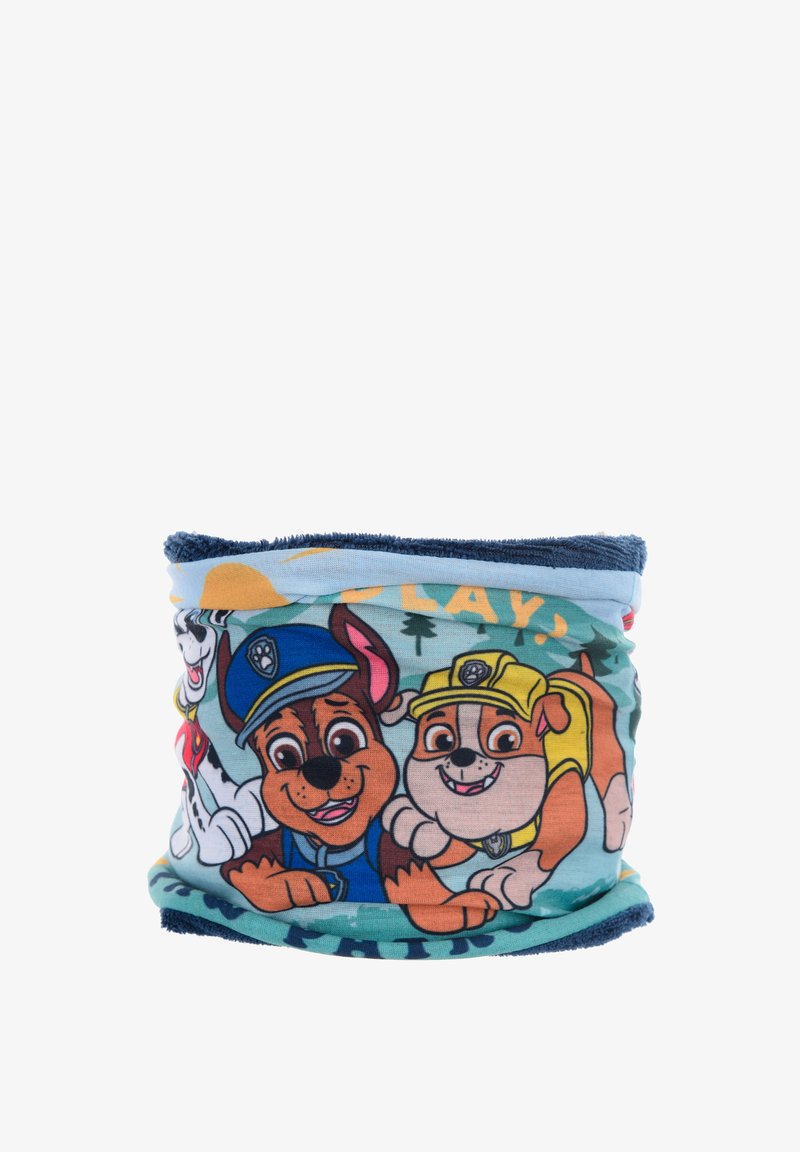 Cache-col en couleur présentant des chiens de dessin animé avec des traits faciaux marqués. Fabriqué en tissu doux, avec des bordures bleues et un fond de forêt ludique.