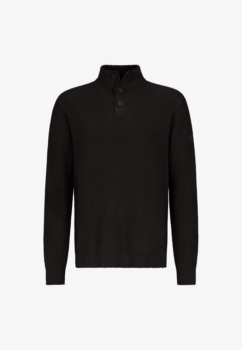 Schwarzer gestrickter Pullover mit gerippten Bündchen und Saum, einem hohen Kragen und drei Knöpfen entlang der Knopfleiste am Hals.