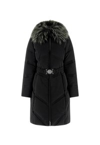 Cappotto piumino nero con un motivo a zigzag, dotato di colletto in pelliccia sintetica, maniche lunghe e vita aderente con una fibbia decorativa.