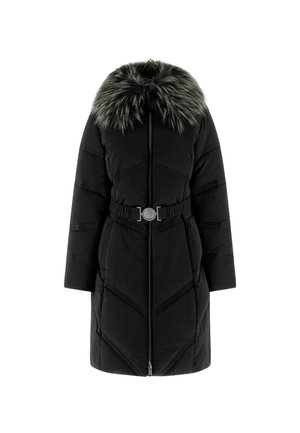 Cappotto piumino nero con un motivo a zigzag, dotato di colletto in pelliccia sintetica, maniche lunghe e vita aderente con una fibbia decorativa.