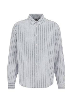 Camisa gris claro de manga larga con botones y rayas verticales azul oscuro, con cuello puntiagudo.