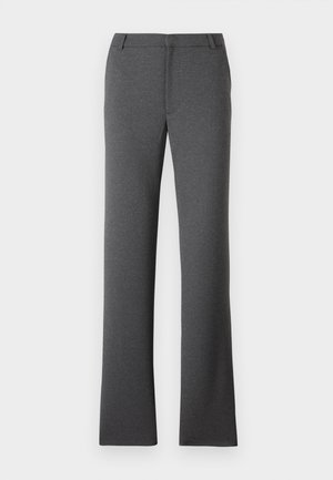 Szare spodnie o prostym kroju nogawki. Wykonane z teksturowanej tkaniny, z płaskim przodem i szlufkami na pasek. Brak widocznych wzorów lub elementów metalowych.