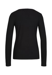 Zwarte top met lange mouwen en een ronde hals, gemaakt van een gladde stof. Heeft een eenvoudig ontwerp zonder zichtbare patronen of accenten.