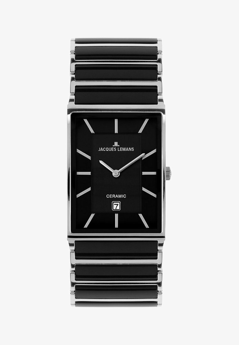 Schwarze Keramik-Uhr mit rechteckigem Gehäuse, silbernen Akzenten und einem schwarzen Zifferblatt, das weiße Markierungen und ein Datumsdisplay auf 6 Uhr zeigt.