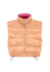 Gevoerde vest in licht perzik, met een hoge kraag, zilveren drukknoopjes, roze binnenvoering en verstelbare trekkoorden aan de onderkant.